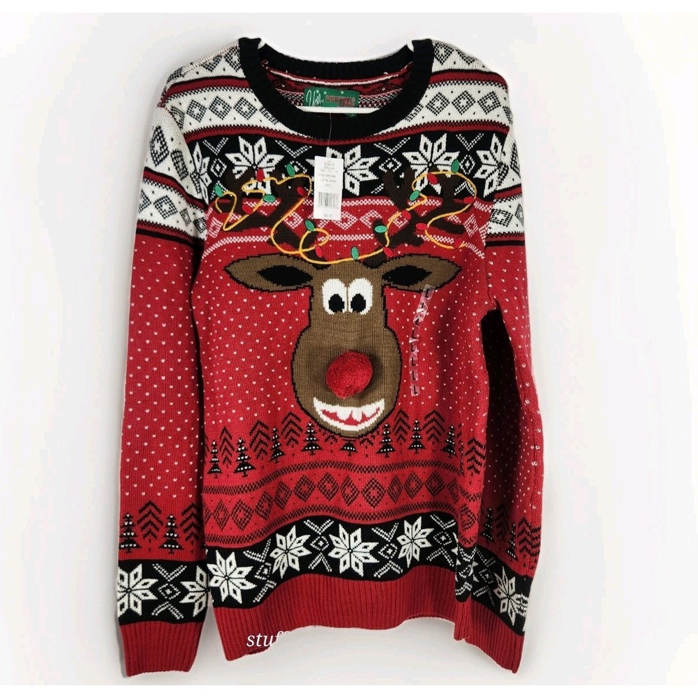 NWT Mens Ugly Christmas Sweater Reindeer Size L Holiday Rudolph‎ Whimsical